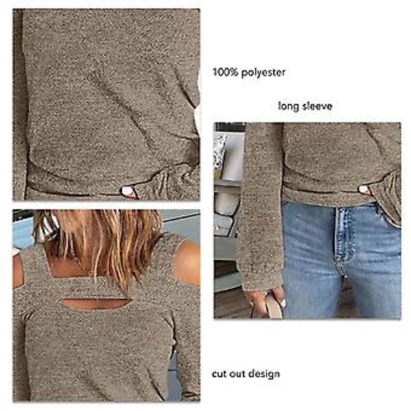 Dame Cold Shoulder Top Udskåret Design Ensfarvet Moderigtig Langærmet Bluse til Hjemme Shopping Khaki L