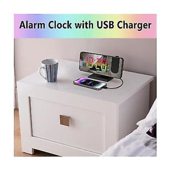 Projektor for soverom, LED-skjerm tak digital radio med USB-lader og dobbel alarm svart