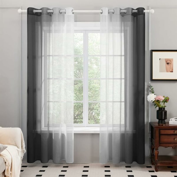 Sæt med 2 transparente gardiner, øjenringgardindekoration, 132×213 CM, gradientfarve til børneværelse, stue, hjem, vindue, altan, sort