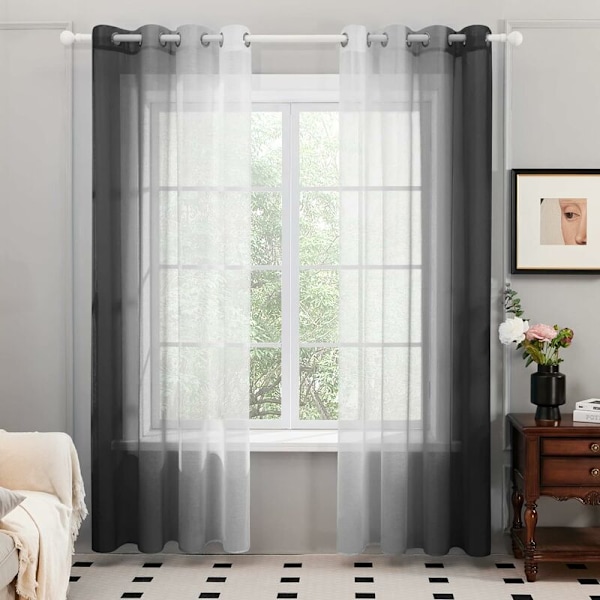 Set med 2 gjennomsiktige gardiner, gardin med hull, 132×213 CM, gradientfarge for barnerom, stue, hjem, vindu, balkong, svart