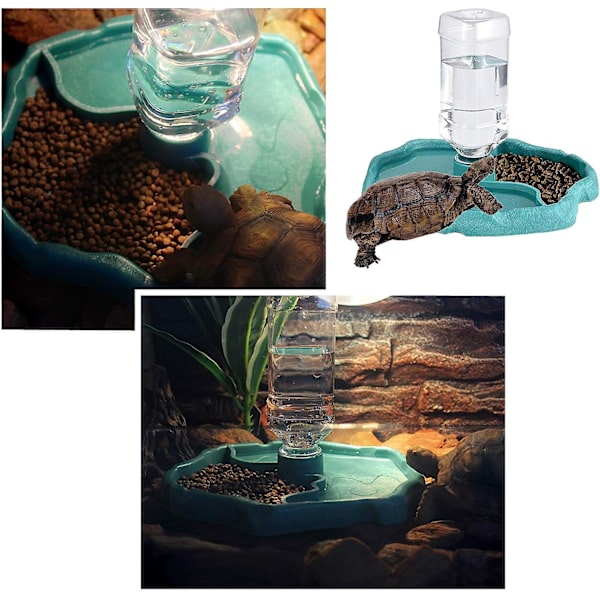 Reptil Vatten Dispenser, 2 i 1 Anti-Överflöde Skål Mat Dispenser, Plast Skål För Sköldpadda Gecko - Blå