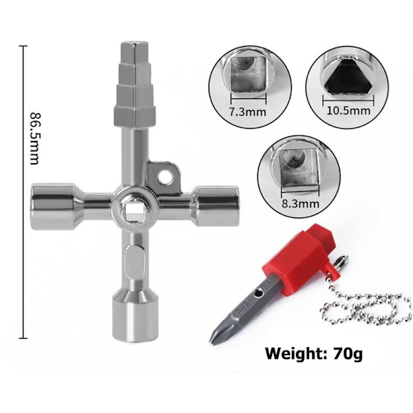 4-veis multifunksjonsnøkkel, multifunksjonell universell kryssnøkkel, trekantnøkkel kranbryternøkkel for elektrisitet, strømmålere, radiatorer