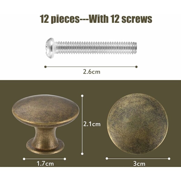 12 st knoppar för möbler, lådor och skåp i antik mässing, diameter 30 mm (gul brons)