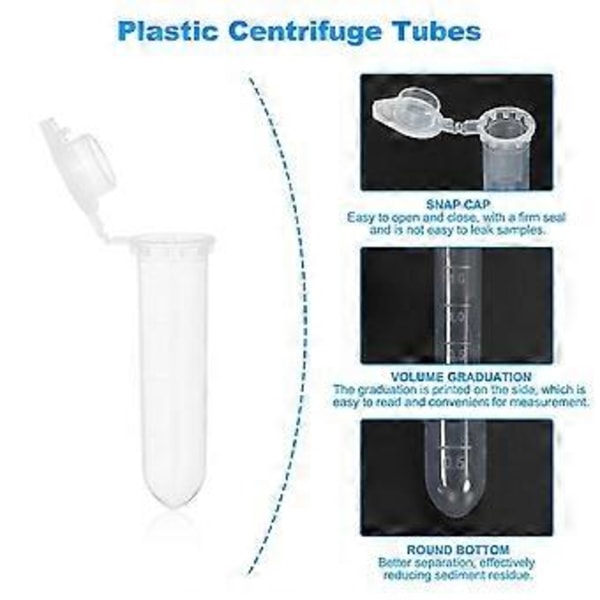 2ML Centrifugrör, 1000 st Rundbottnade Centrifugrör med Snäpplock och Graderade Markeringar för Prov Transparent