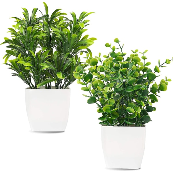 2 pakke kunstige mini potteplanter falske plast eukalyptus blader planter til hjemmekontor Skrivebord Rom grønt dekorasjon