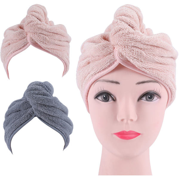 Hårhandduk Wrap Snabbtorkande Bomull Superabsorberande Turban Huvud Wrap för Kvinnor med Knapp(2st) grå+rosa