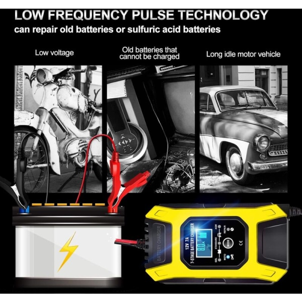 Smart batteriladdare 7A/12V Bärbar snabb motorcykelladdare med LCD-display Skydd Reparationsläge för bil motorcykel Auto Gul