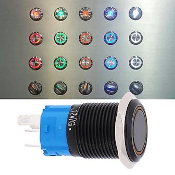 2 KPL 12 VDC 16 mm Painonappikytkin, 5-nastainen itselukittuva, IP65 vedenpitävä, keltainen valo, kestävä, helppo asentaa, autoon, veneeseen, teollisuuskäyttöön