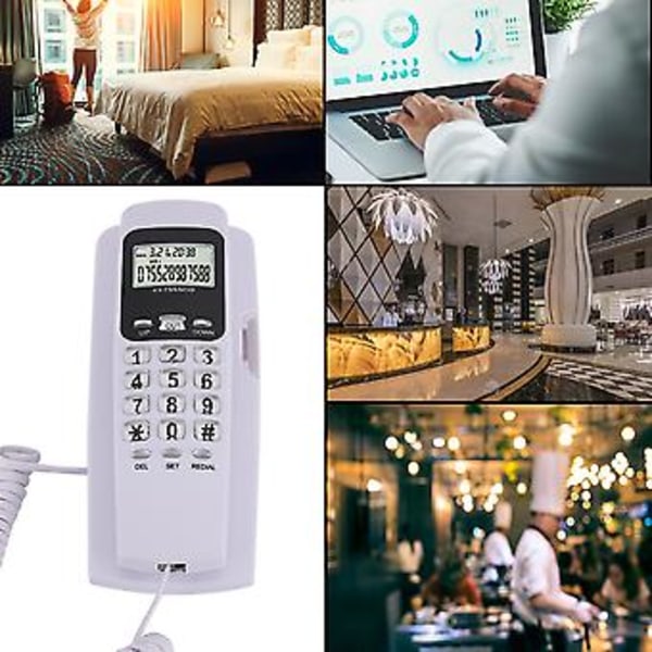 T555 Mini Väggmonterad Telefon Nummerpresentatör Hotell Hemmakontor Telefon med LCD-Display Bakgrundsbelysning (Vit)