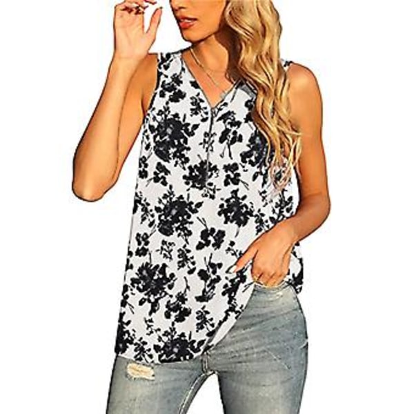 Dame Tank Top Lynlåslukning V-hals Løs Ærmeløs Chiffon Skjorte til Sommerbrug Hvidt Blomsterprint M