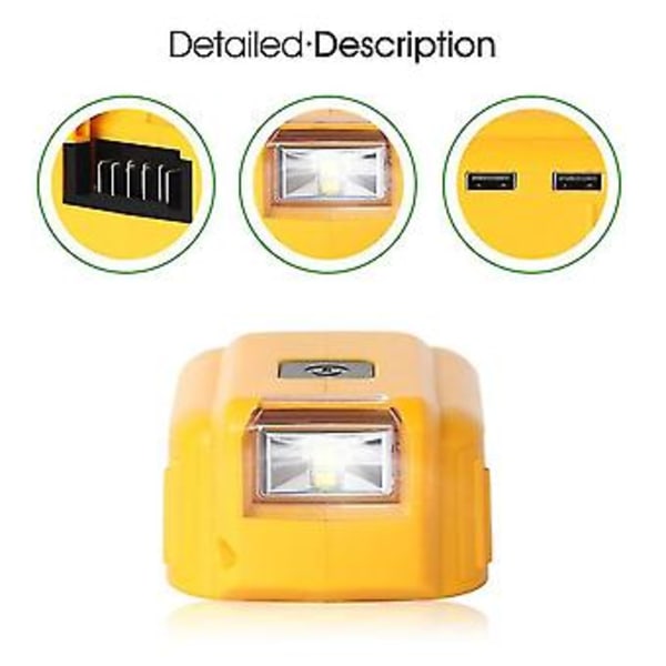 USB Adapter Lader For De-walt 20v Batteri, Dobbel USB Lader & 12v DC Port & LED Arbeidslys - Repl