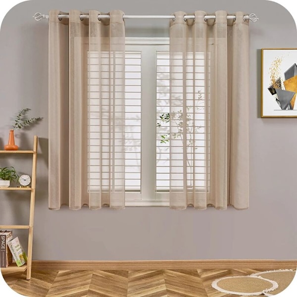 Sæt med 2 khaki gardiner i hørlook - Øjegardiner Soveværelsesdekoration Semi-transparent til stue Køkken Gardin 140x145cm(Bred