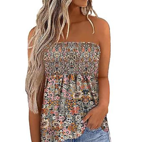 Smock Tube Topper for Kvinner Stroppeløs Bandeau Plissert Trykt Ermeløs Slim Fit Vest Type 1 M