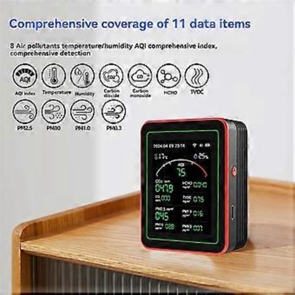 15 i 1 Luftkvalitetsdetektor Bærbar TVOC HCHO, PM2.5 PM10 PM1.0 PM0.3 Temperatur Fugtighedstester Multi Ur