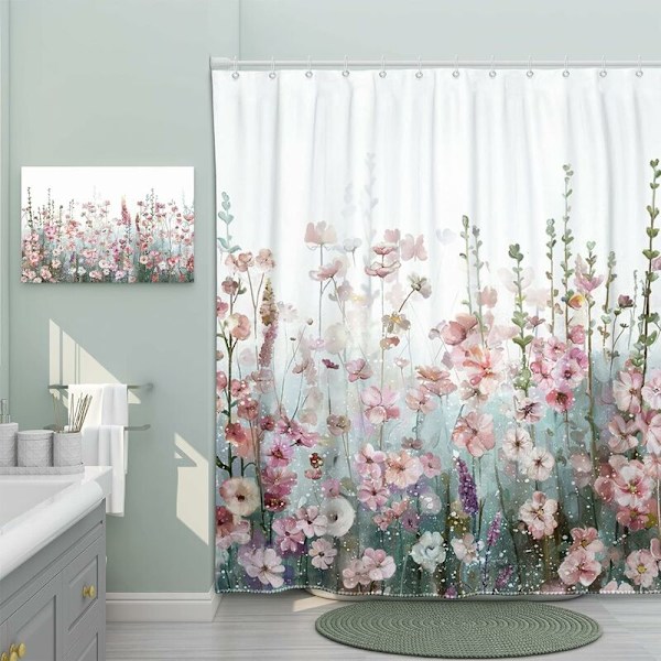 Blomster bruseforhæng Farverige firkantede badeforhæng Moderne Fashion Dekorative Pink Blomster Blomster Badeforhæng Flerfarvet Polyester Wa