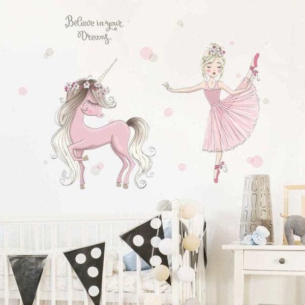 Väggdekaler Väggdekaler, Dreamcatcher Girl and Her Pink Unicorn Bedroom Decor Wall Stickers, Art DIY Home Decor Wall Stickers Väggmålningar-A