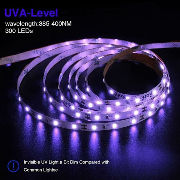 5M UV LED-remsa, svart ljus LED-remsa, 12V 2835 LED-remsa lila ljus, 300 lysdioder ultraviolett atmosfärbelysning för Halloween, jul, DJ-fest