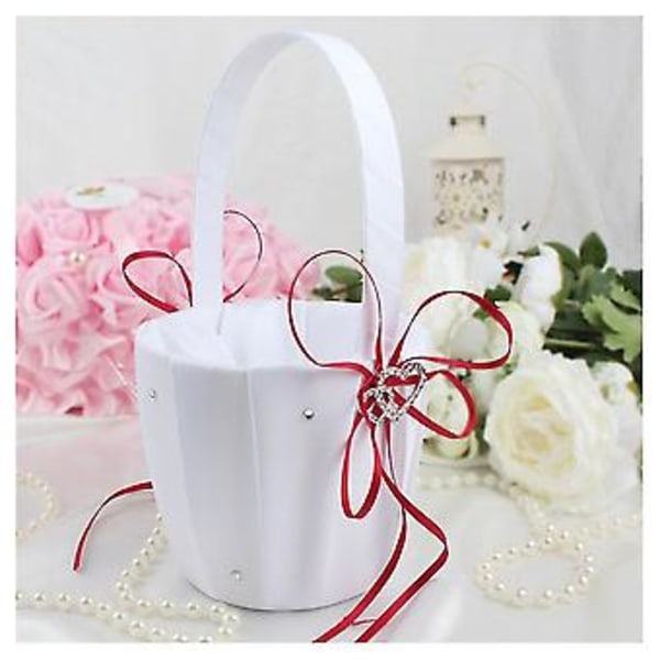 Doub Bröllop Blomsterflicka Korg Satin Rhinest R Röd Bröllopsgåva