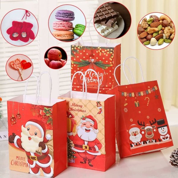 Julklappspåse, 12 st julpåsar av kraftpapper med handtag, hållbar födelsedagsgodispåse, stor, medelstor och liten presentpåse för Kristus