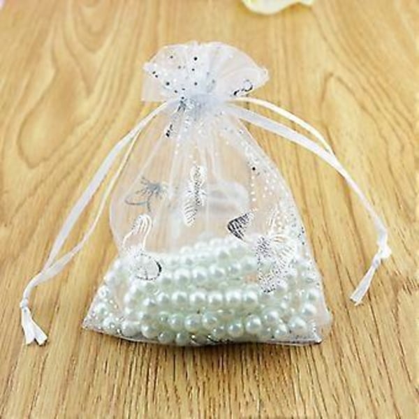 100 stk. 9X12cm Sommerfugl Organza Smykker Gavepose Slikpose Snøre Bryllupsgaveposer Hvid