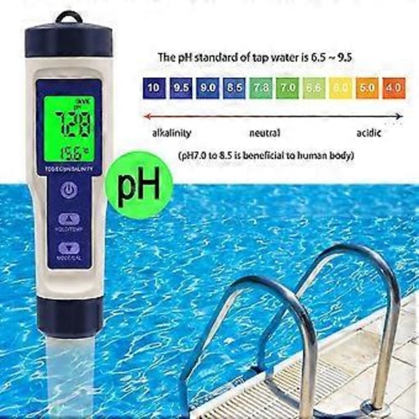 5 I 1 Digital Temperaturmåler Tds//ph/saltholdighed Vandkvalitetsmonitor Tester Til Pools, Drikkevand
