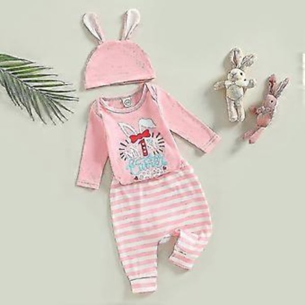 Nyfödd Baby Pojkar Flickor Min 1:a Första Påsk Kläder Set Outfit Långärmad Kanin Romper Topp Randiga Långbyxor 3D Kanin Öron Hatt Baby Påsk Present SHZN