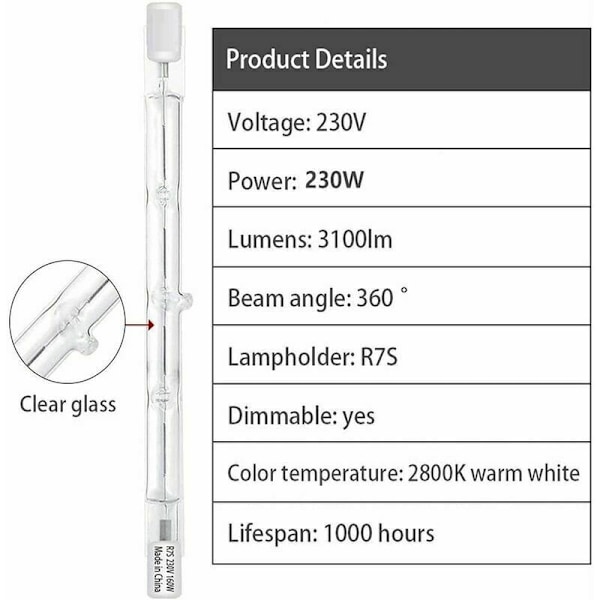 Pakke med 10 R7S halogenpære 118mm 230W 230V, R7S halogenstang 118mm, r7s halogenpære dæmpbar halogenstanglampe til bygningsstråle