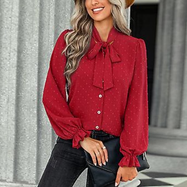 Blus Puff Lång Ärm Elastisk Manschett Rosett Enkelknäppt Eleganta Vardagstoppar för Kvinnor Röd S