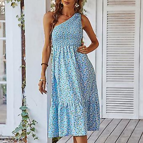 Sommarklänning med blommigt tryck, ledig damklänning med skarvad fåll, ärmlös, en axel, rynkad klänning för dejting, blå L