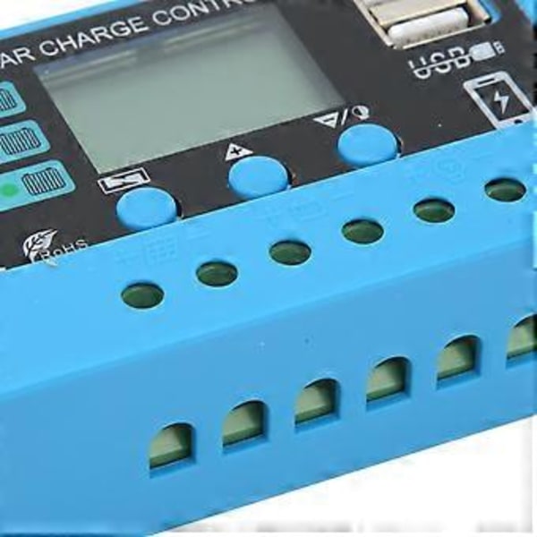 12V 24V Solpanel Controller LCD Display Fotovoltaisk Ladecontroller med Stik Blå 20A