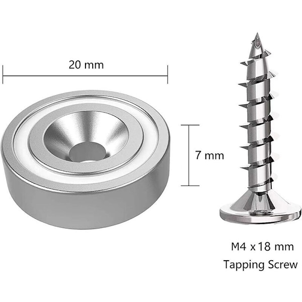 12 stk. 10 kg kraft neodymmagneter 20 x 7 mm med hul og kapsel, forsænket pottemagnet med skruer og 12 stålpuder (sølv) Brilliant)