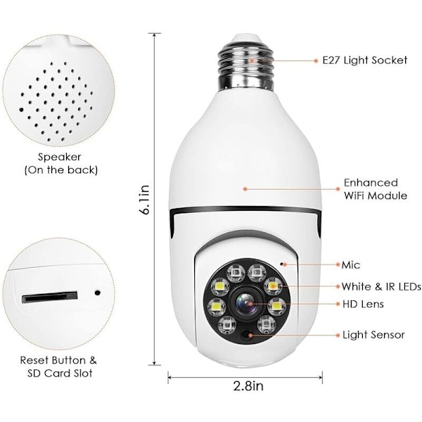 2-pak trådløs WiFi-sikkerhetskamera pærekamera, HD-kuppelovervåkningskamera nattvisjonslyssokkelkamera, utendørs 1080P 360 graders panoramisk C