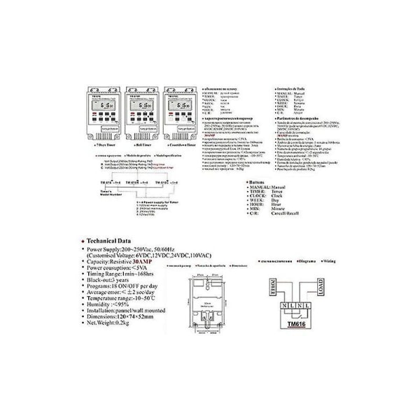 1x Tm616 Reläomkopplare Programmerare, 12v Timer Schema Elektrisk Veckovis Digital