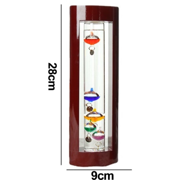 Galileo termometer i glass, en design med flerfargede kuler i en kirsebærtre ramme 95H28cm