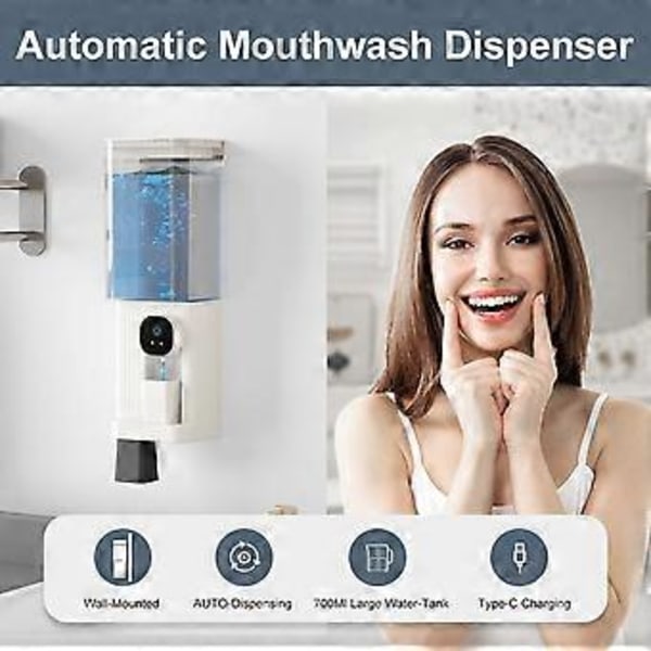 Munnskyll dispenser for bad, 700ML Smarte munnskyll dispensere, veggmontert automatisk munnskyll dispenser