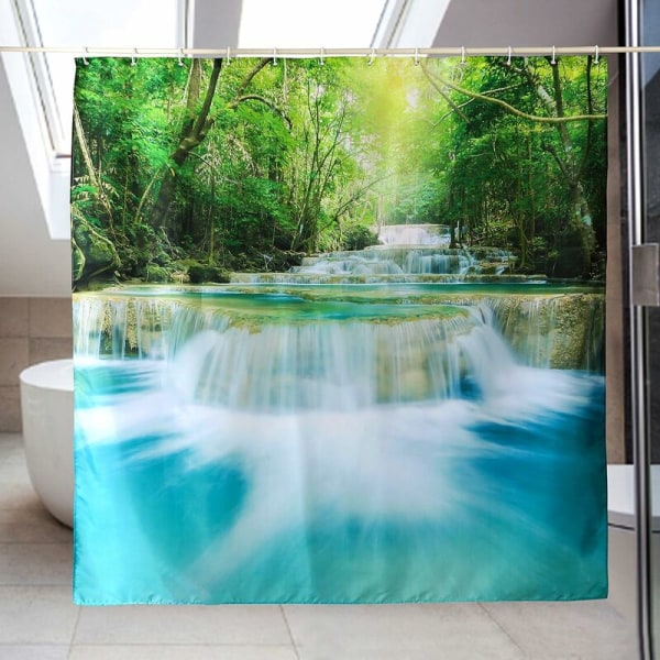 Bad Dekorativ, Grønn Sjø Sommer Foss i Skog Skog Natur Jungel Landskap Kunst Trykk Brun Hvit, Vanntett Polyester Fab