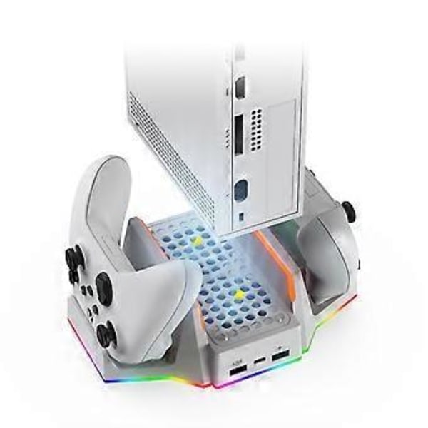 RGB-pystysuuntainen jäähdytystuuletinteline kahdella ohjaimen laturilla ja akkulataustelakalla, valkoinen