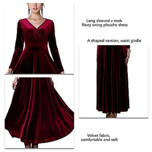 Klänning V-ringning Långärmad Flödande Swing Ankellång Sammet Elegant Maxiklänning för Kvinnor Vinröd XL