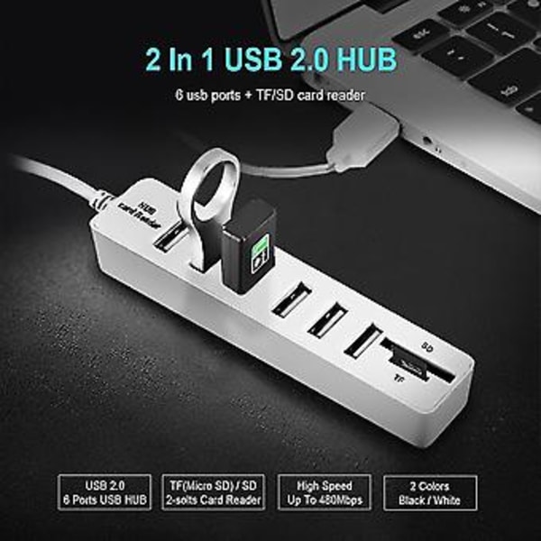 USB Hub 6 Port Utvidelsesadapter USB 2.0 Hub USB Splitter 2.0 Hub USB-hub SD/TF Fo