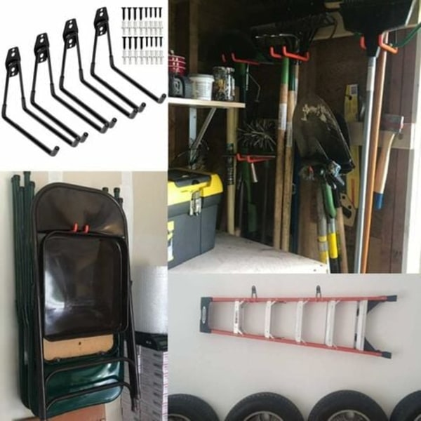 Garagekrokar, 4-pack garageförvaringsverktyg Dubbla krokar, Tunga järnväggsmonterade verktygshållare för hemstolsstege, cykel, organiserande kraft