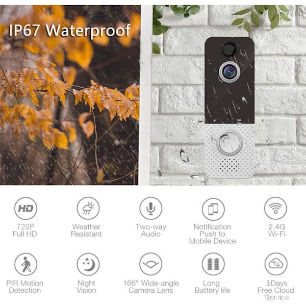 Trådløs dørklokke med kamera, trådløs videodørklokke med ringeklokke, 1080P FHD, PIR menneskelig deteksjon, batterifri, 170° visningsvinkel, IP66 vanntett
