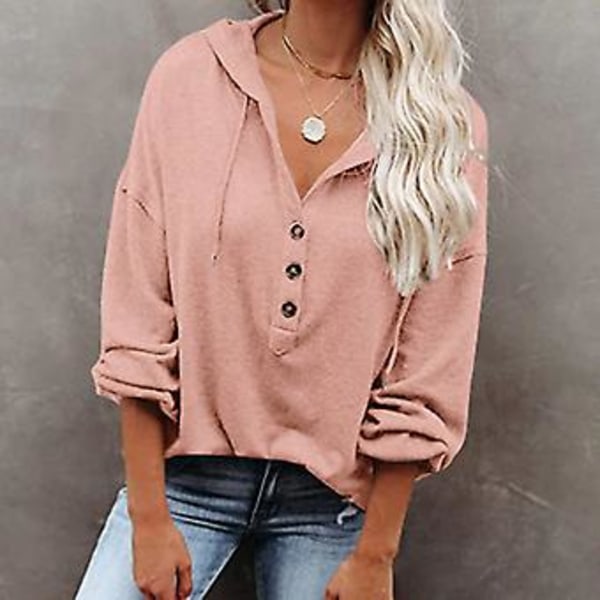 Bluse Langermet V-hals Knapp Ensfarget Casual Moderne Hettegensere for Kvinner Rosa S