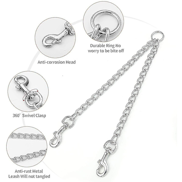 Tungt 2-veis hundekjede i metall, dobbel klipskobbel for kjæledyr (l 4,0 mm 70 cm dobbel kobbel, sølv)