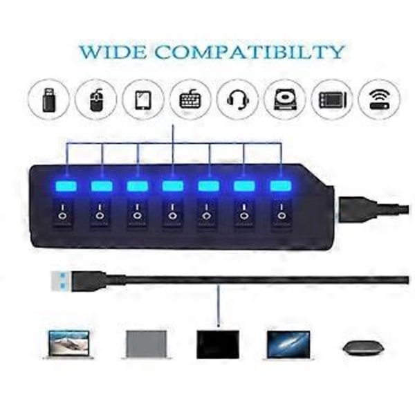 USB Hub 2.0 USB Splitter Multi Hub Adapter USB Flere Porte Strømadapter med Switch Tilbehør til PC Laptop, Hvid