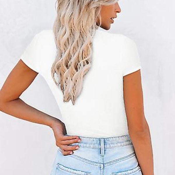Dame Ribbestrikket Korte Topper Enkel Mote Knappe V-Hals Kortermet Skjorte Bluse for Sport Dating Hvit M