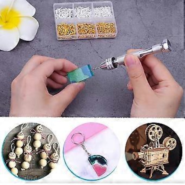 Hartsverktygssats med 1 st Handborr med stift, 10 st Borr och 400 st Skruvöglor för DIY Nyckelring Hängsmycke Tillverkning