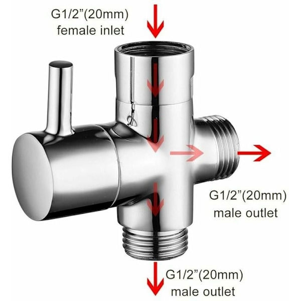 Delvist messing bruseventil med T-adapter, G1/2 3-vejs brusearm-omskifterventil, universel 3-vejs bruseventil, messingforkromet, til køkkenbad