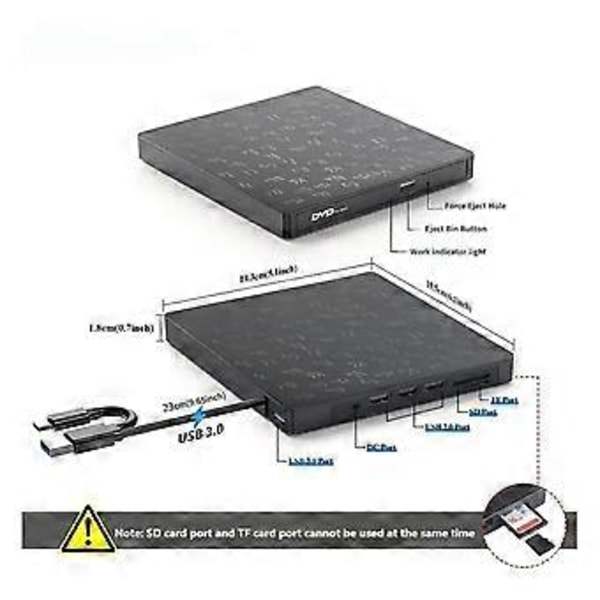 Extern CD/DVD-brännare DVD-enhet Spelare Optisk enhet med SD/TF & USB3.0-portar Optisk enhet för PC Laptop