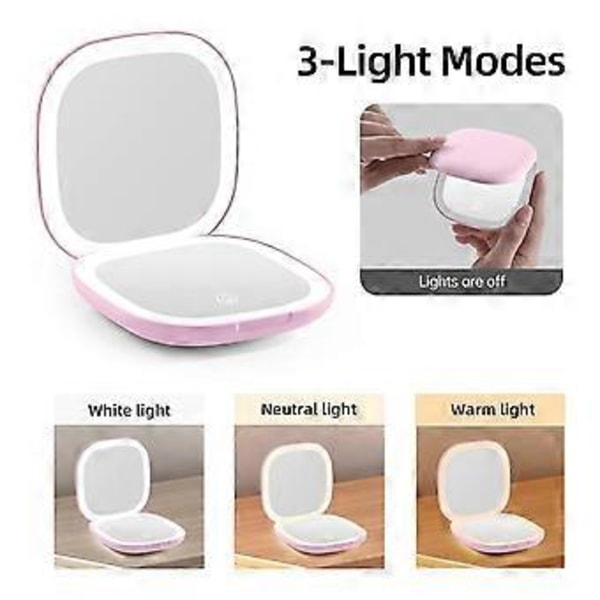 Ficksminkspegel med LED-ljus, 3,5 tum, 10x förstoring, dubbelsidig, uppladdningsbar, pekskärm, rosa