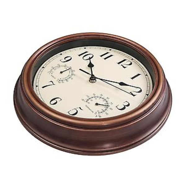 12-tommers veggklokke, retro vanntett klokke med termometer og hygrometer, lydløs klokke for
